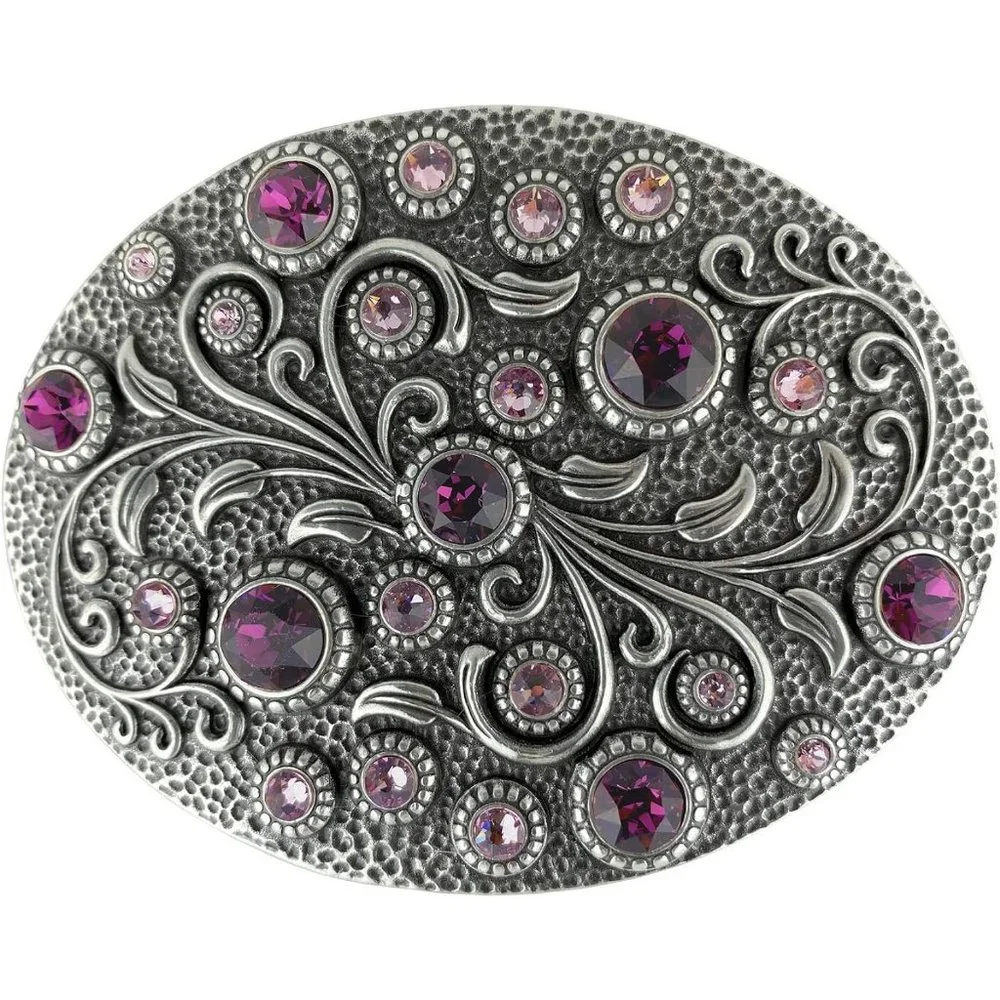 Light Dark Amethyst Antique Oval Floral Engraved Rhinestone Crystal Belt Buckle